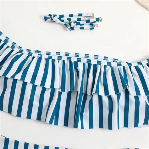 Womens Off Shoulder Ruffle Bikini Set With Stripes On Luulla