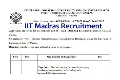 Iit Madras Recruitment Notification Released For Senior Manager