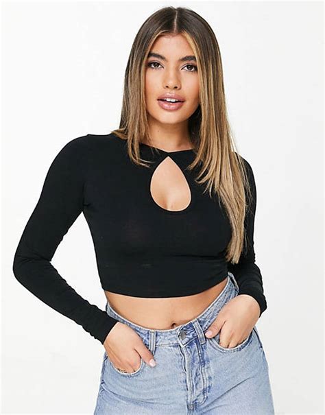 Asos Design Long Sleeve Crop Top With Keyhole Cut Out In Black Asos