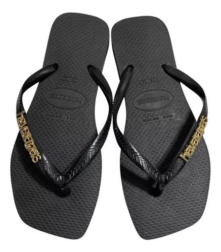 Havaianas Slim Square Quadrada Logo Dourado Original Preta