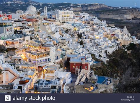 Illuminated Fira Luxury Decks And Patios After Sunset Stock Photo Alamy