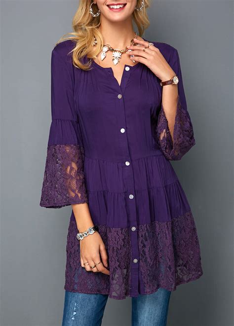 Lace Patchwork Flare Sleeve Deep Purple Blouse Liligal Usd