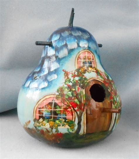 Thashed Roof Bird House Gourd Original Hand Painted Gourds Birdhouse