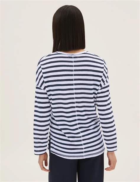 Linen Rich Striped V Neck Long Sleeve Top