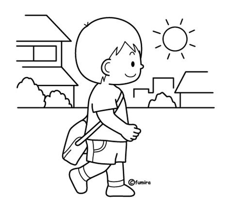 外を歩く男の子のイラスト（ぬりえ）