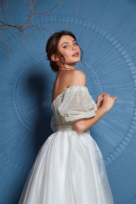 Beautiful Brunette Woman Pretty Bride Wedding Big Day Marriage Ceremony In Summer Garden Wearing