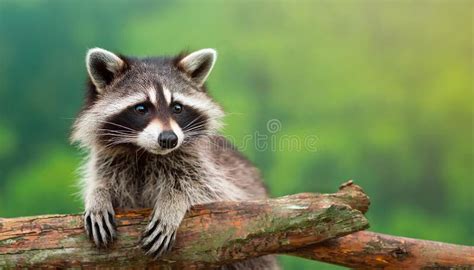 Portrait of Cute Raccoon on Wooden Branch. Green Blurred Backdrop Stock ...