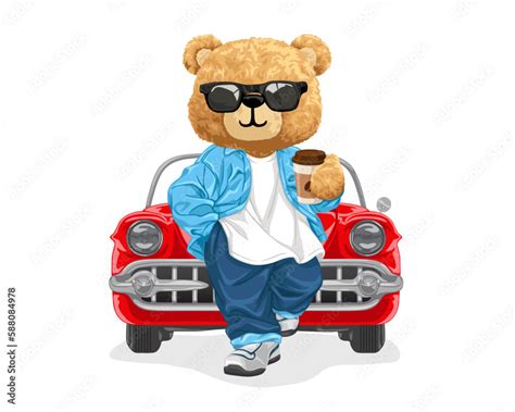 Vector Cartoon Illustration Cute Teddy Bear Holding Coffee Cup With