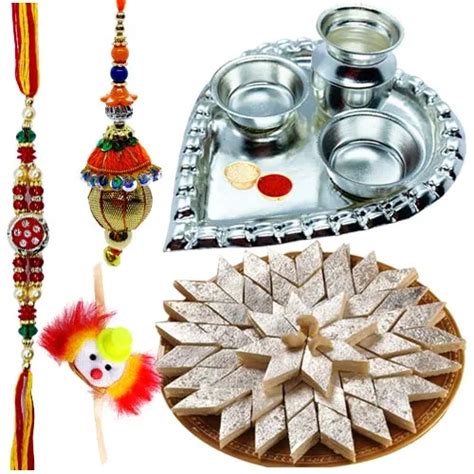 Send Holy Puja Aarti Thali With Kaju Katli And Rakhi To Bangalore Free