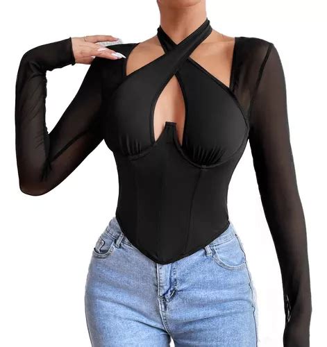 Blusas Top Sexy De Manga Larga Con Cuello Halter Para Mujer Meses Sin