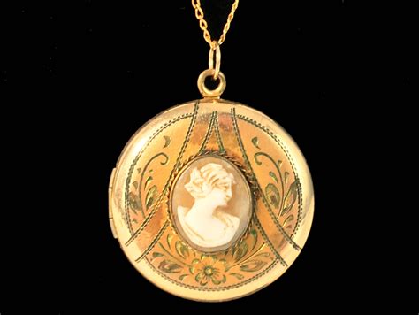 Antique WH Co Victorian Locket Necklace Gold Filled W Cameo Inset