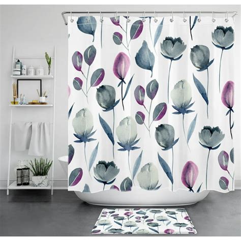 Botanical Elegance Purple Leaf And Blue Floral Shower Curtain Set