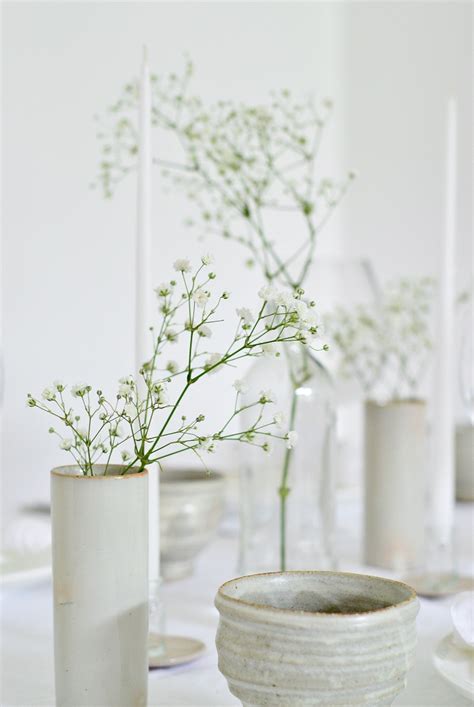 spring style  simple white table setting  babys breath diy
