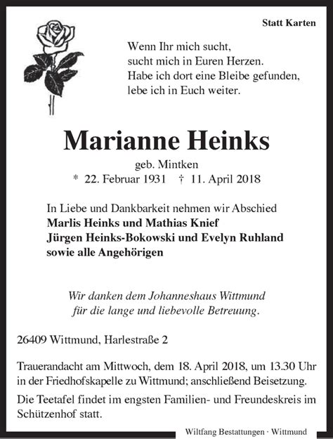 Traueranzeigen Von Marianne Heinks Nordwest Trauer De