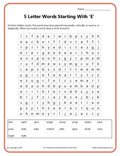 Letter Words Starting With E Word Search Image Readingvine