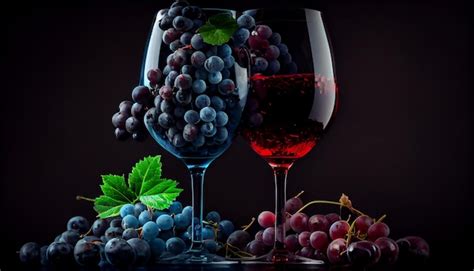 Verre De Vin Rouge Et Grappe De Raisin Sur Fond Noir Ai Générative