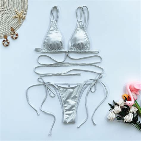 Peachtan Sexy Extreme Micro Bikini Solid Gold Bathing Suit Triangle Swimsuit Push Up String