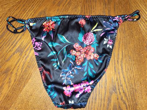 Satin Black Floral String Bikini Panties Small Gem
