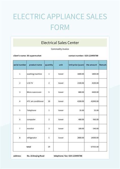 Electric Appliance Sales Form Excel Template And Google Sheets File For