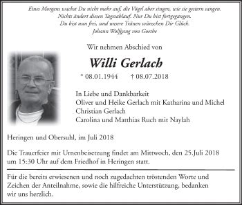 Traueranzeigen Von Willi Gerlach Trauer Hna De