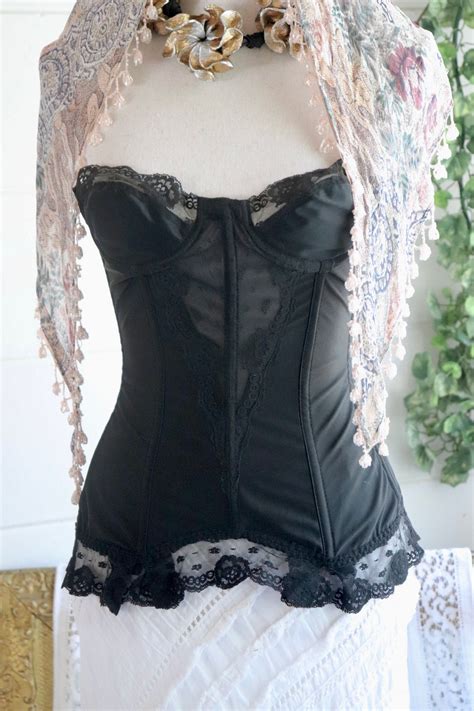 Vintage Corset Bustier S To S Black Lace Ruffles A Xxs Xs Small Lingerie Top Chic