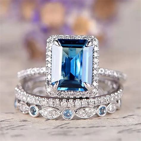 Huitan Luxury 3Pcs Set Blue Cubic Zirconia Rings For Women Newly