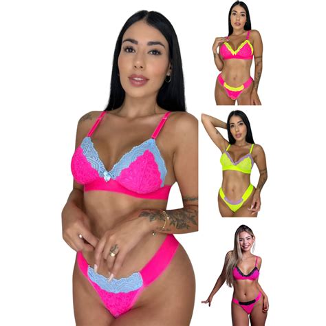 Lingerie Neon Renda Bicolor Conjunto Sutiã e Calcinha Fio Dental Sexy