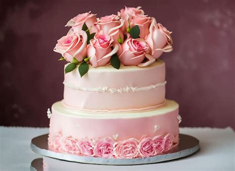 Premium Photo Pink Cream Wedding Cake Decorate With Fresh Roses