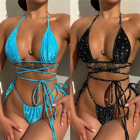 New Polyester Fabric Triangle Swimsuit Drawstring Bikini Set High Elastic Custom Logos Swimwear