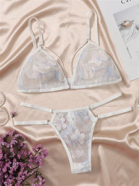 Conjunto De Lingerie Bordado Floral Malha