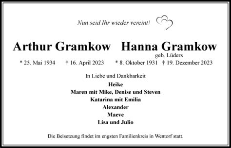 Traueranzeigen Von Hanna Gramkow Hamburgertrauer De