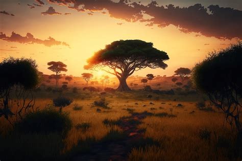 Premium AI Image | At sunset a savannah with trees and lush grass