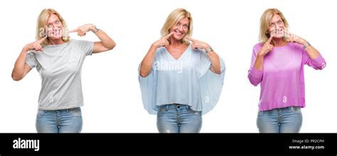 Collage Of Beautiful Middle Age Blonde Woman Over White Isolated Backgroud Smiling Confident