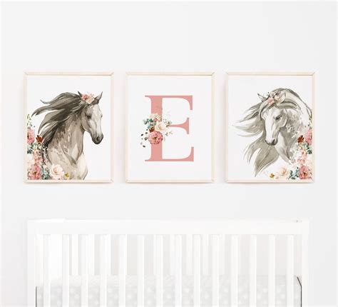 Floral Horse Wall Art Baby Girl Horse Nursery Wall Art Boho Floral