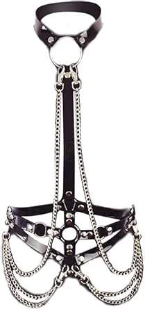 Goldmiky Frauen Sexy Body Harness Leder Und Metallkette Cupless Bh Vest Und G String Bikini