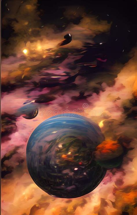 Alien Planetary System In The Nebula Digital Illustration Stock