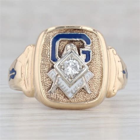 Diamond Masonic Signet Ring K Yellow Gold Enamel Bl Gem