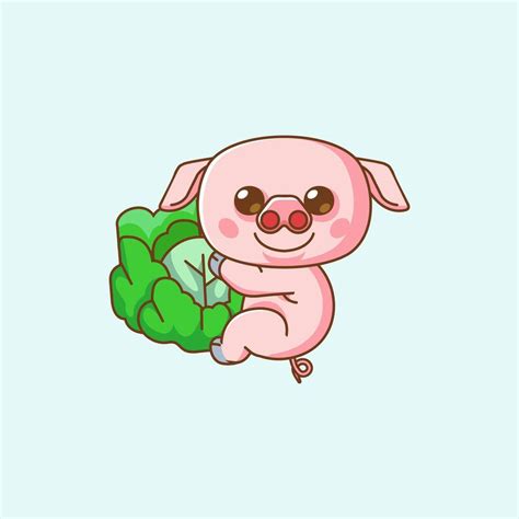 Cute Pig Hug Cabbage Hanging Kawaii Chibi Character Mascot Illustration