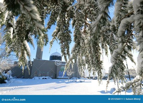 Snow Covering The Green Dome Of The Az Zahraa Islamic Centre Stock