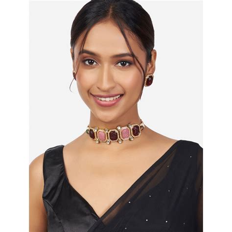 Joules By Radhika Gold Finish Red And Pink Choker Necklace And Earrings Set