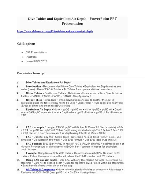 Dive Tables And Equivalent Air Depth Pdf Diving Equipment