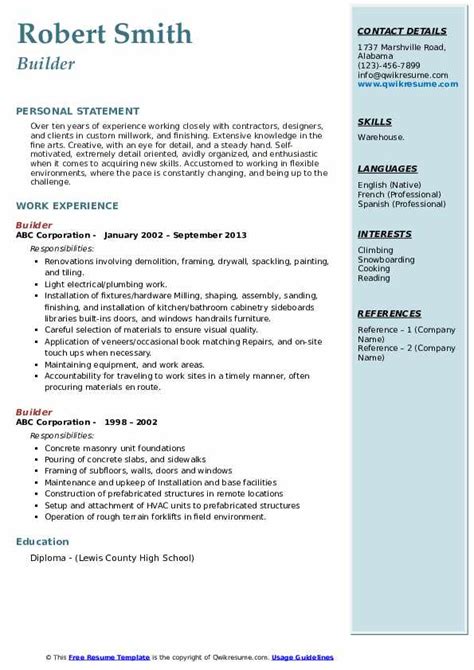 Builder Resume Samples Qwikresume