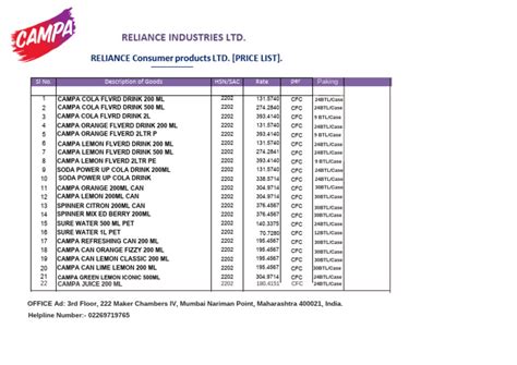 reliance consumer products price list