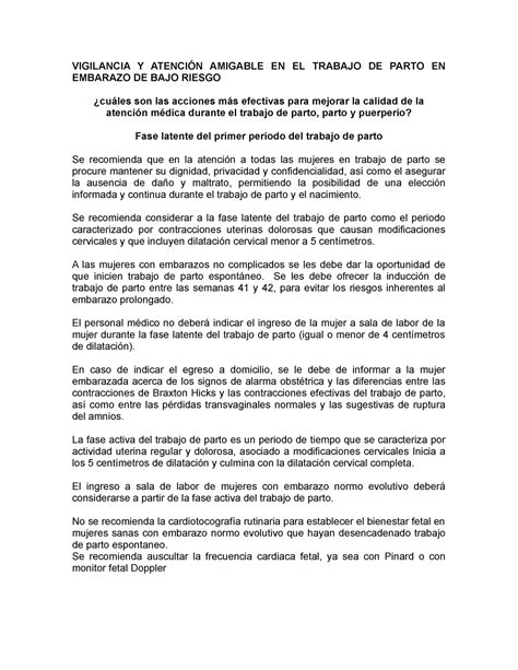 Vigilancia Y Atención Amigable EN EL Trabajo DE Parto EN Embarazo DE