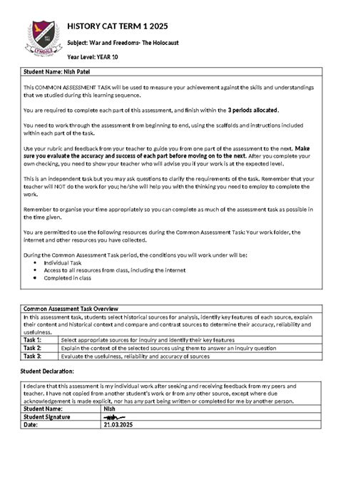 HISTORY CAT 1: War and The Holocaust - Year 10 Assessment Guide - Studocu