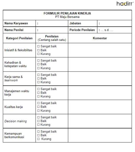 Formulir Penilaian Kinerja Karyawan Employee Performance Appraisal Form