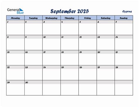 September 2025 - Cyprus Monthly Calendar with Holidays