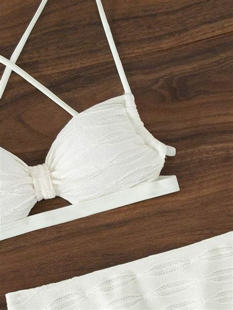 Textured Bikini Set Criss Cross Bra Bikini Bottom Beach Skirt Piece Bathing Suit Shein
