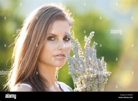 Beautiful Young Woman On Lavender Field Lavanda Girl In Early Summer