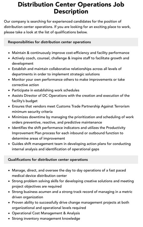 Distribution Center Operations Job Description Velvet Jobs